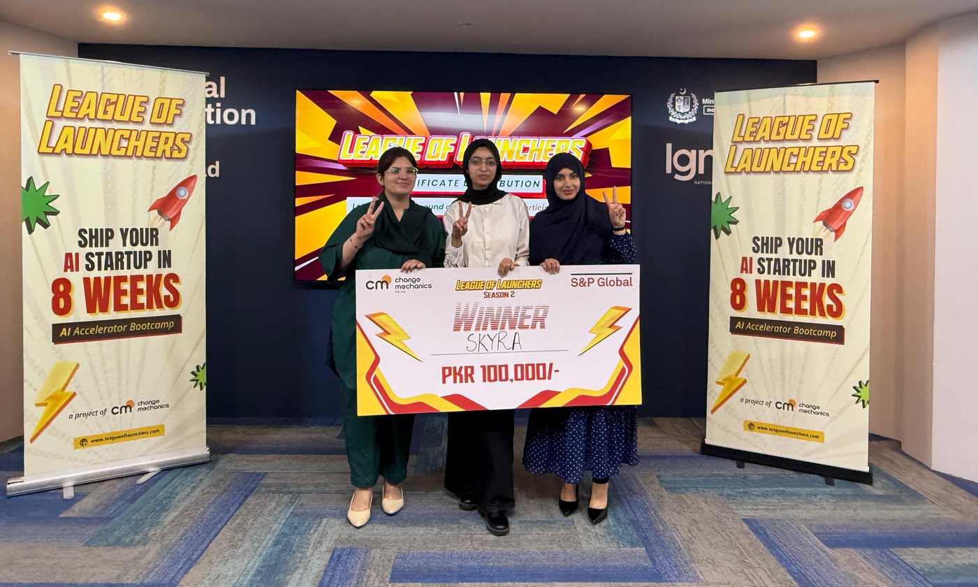 Kiran Waqar, Shamaiem Shabbir and Maryam Sheraz of Skyra holding the winners' cheque at NIC Islamabad
